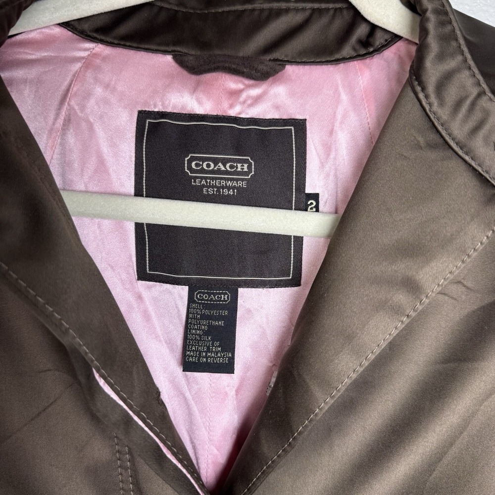 Coach Leatherware Long Jacket Trench Coat Brown Pink Silk Lining Size‎ 2 Women's - Picture 3 of 9